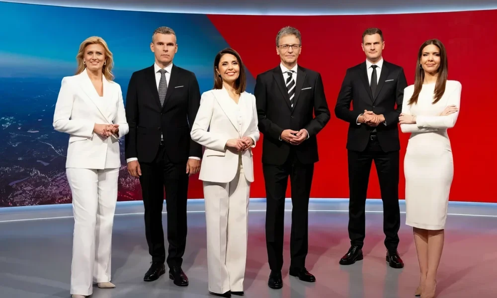 A horvát Nova televízió híradójának műsorvezetői - az ő híradójuk a legnézettebb hírműsor Horvátországban
