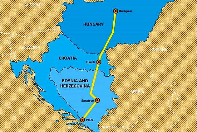 Az 5C korridor EU által jóváhagyott nyomvonala, ehhez tartozik a boszniai autópálya is (Forrás: seenews.com)