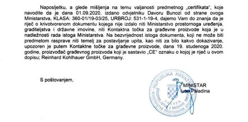 A horvát területrendezés minisztérium megerősítette, hogy a Davor Bunoza által kiadott okirat hamisítvány (Forrás: Klix.ba)