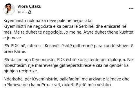Vlora Çitaku is reagált azokra a feltételekre, amelyeket a koszovói miniszterelnök terjesztett a koszovói parlament elé