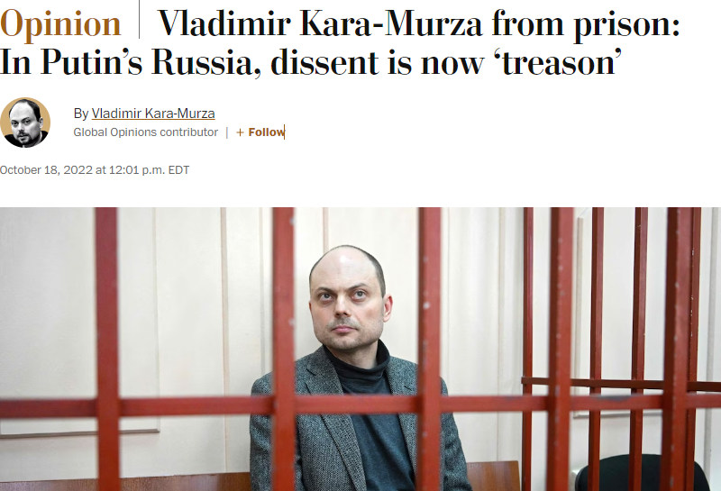 Az ellenzéki Vlagyimir Kara-Murza már a börtönből írta a fenti cikket 2022 októberében
