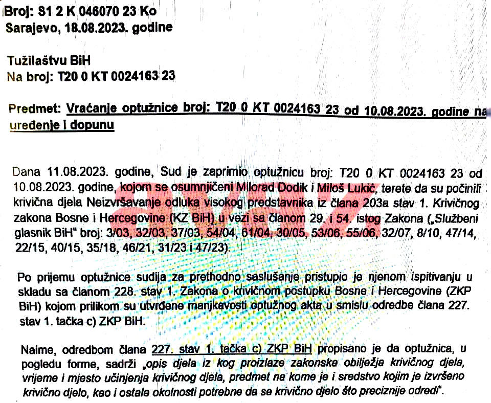 IDŐT NYERT: A bíróság visszaküldte átdolgozásra a Dodik elleni vádiratot 4 vádirat bíróság