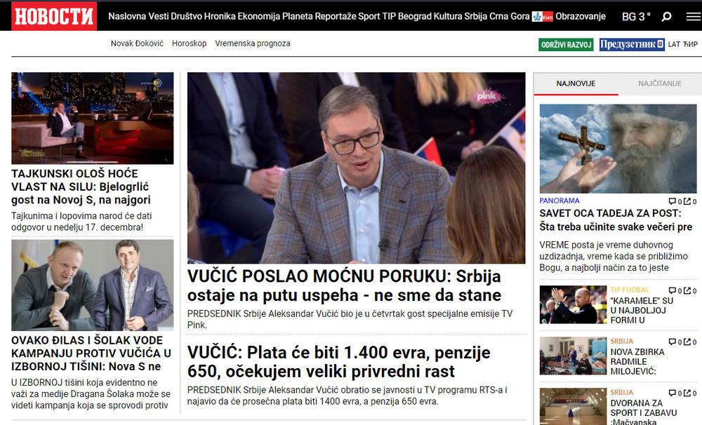 A Novosti szerint a szerb elnök erőteljes üzentet küldött, miszerint Szerbia a siker útján marad, és nem szabad megállnia (Forrás: Screenshot)