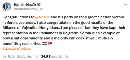 Budapest, Moszkva és Peking gratulált Vučićnak, a PACE szerint elcsalták a választásokat Belgrádban 2 Novák Katalin elsőként gratulált a szerb elnöknek a nagyszerű győzelemhez