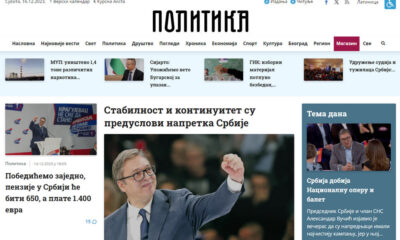 A szerb médiában a kutya sem tartja be a kampánycsendet, ahogy ezt például a rendszereken átívelő kormánypártisággal jellemezhető Politika is bizonyítja (Forrás: Screenshot)