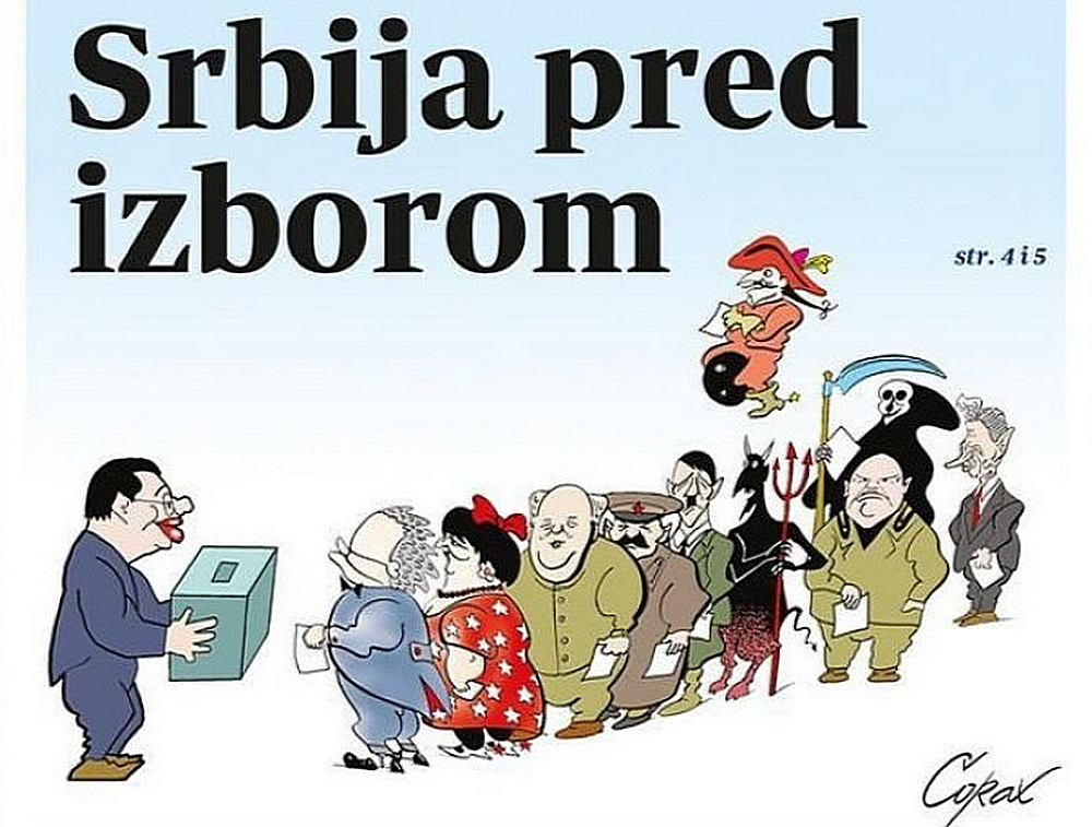 Szerbia választások előtt - írja a belgrádi Danas, amely ennek egy karikatúrát szentelt (Forrás: Screenshot)
