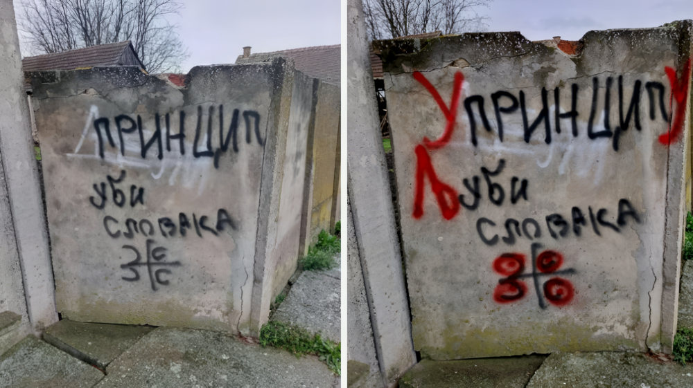 Az eredeti és a szlovákellenes graffiti a szerbiai Kiszácson