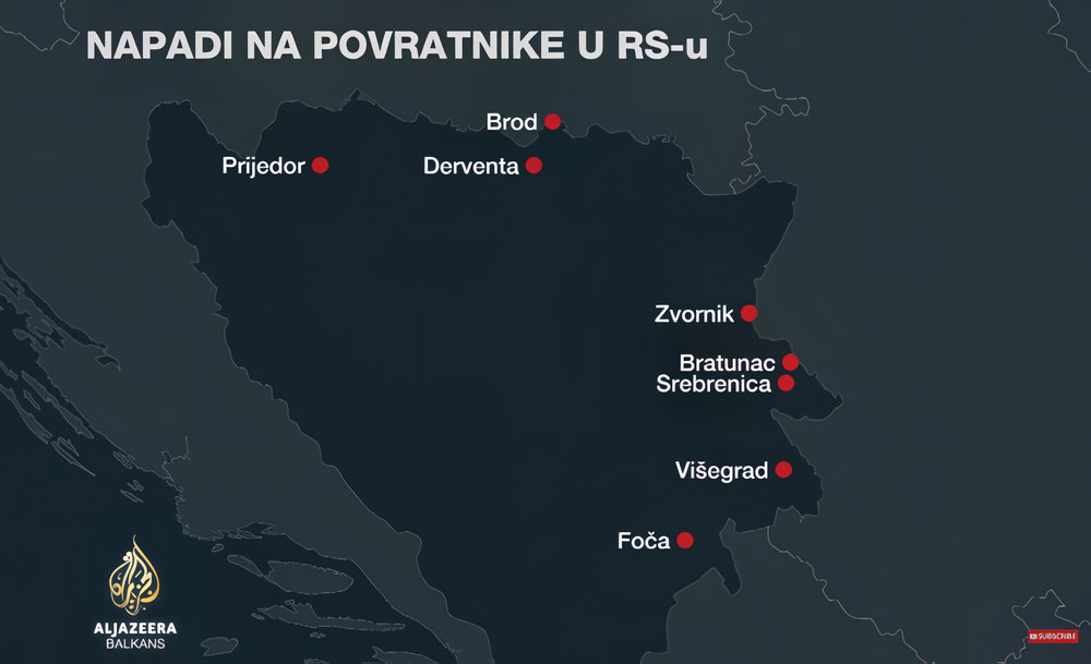 Egy imámot vertek meg, megszaporodtak a nemzeti alapú támadások a Szerb Köztársaságban 3 A 2023-ban bosnyák és horvát visszatérőkkel szemben elkövetett támadások színhelyei a boszniai szerb entitásban (Forrás: Al Jazeera Balkans)