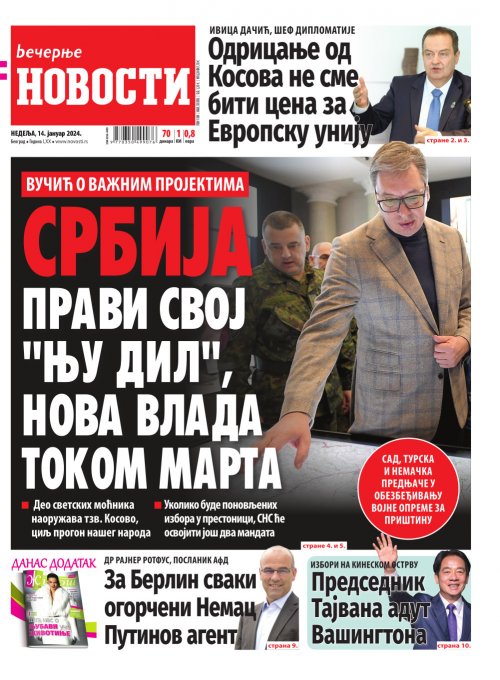 A Večernje novosti címlapja: Vučić szerint az új kormány márciusban alakul meg, Dačić szerint a Koszovóról való lemondás nem lehet az uniós tagság ára