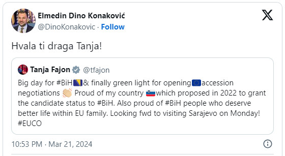 MÁMOR: Bosznia-Hercegovina megkezdheti a csatlakozási tárgyalásokat az EU-val 3 Elmedin az X-en rendelt
