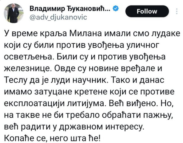Vladimir Đukanović a lítiumkitermelés ellenzőiről