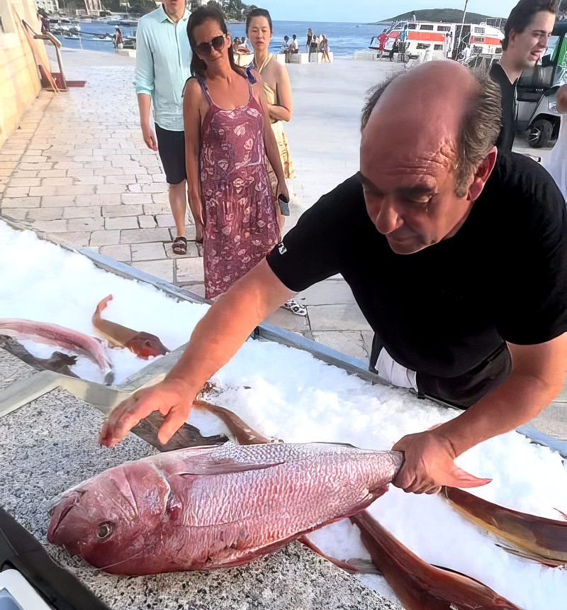 Mijo, a Gariful főszakácsa éppen a halakat helyezi el a jégen