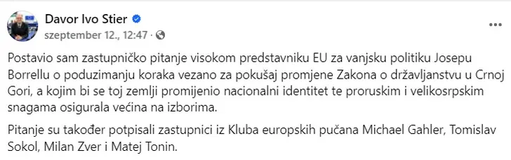 Davor Ivo Stier képviselői kérdést intézett a még hivatalban lévő uniós külügyi és biztonságpolitikai biztosnak
