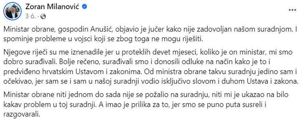 Beindult a szeptemberi nyüzsgés: védelmi miniszter kontra köztársasági elnök 4 Milanovic bejegyzése a Facebookon