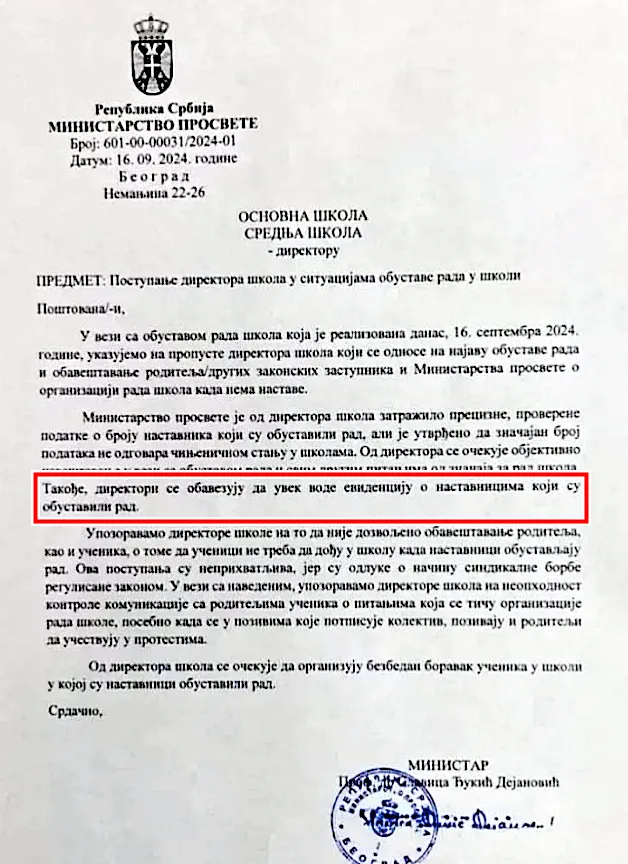 Nyilvántartásba veszik a sztrájkoló tanárokat Szerbiában 3 A kiemelt rész szerint a minisztérium kötelezi az igazgatókat, hogy vezessenek nyilvántartást a sztrájkoló tanárokról