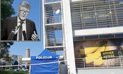 Erről a lépcsőről esett le a korházigazgató. A tűzlépcsőt sokan használták, mert gyorsabban le lehetett jutni rajta a földszinti üzletbe, ahol a banán látható, a felirat: mindig friss