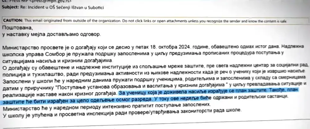 Késelés egy szabadkai általános iskolában: ki a felelős azért, hogy ilyesmi megtörténhet? 3 Az N1-nek küldött minisztériumi levél