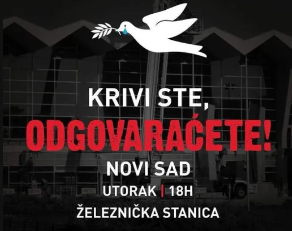 Tiltakozások Újvidéken és Belgrádban, tevékenyek a civil ruhás rendőrök 2 Bűnösök vagytok, felelni fogtok - ezzel a mottóval szerveződik a vasútállomás előtti tüntetés Újvidéken, amelyet kedden 18 órakor tartanak meg