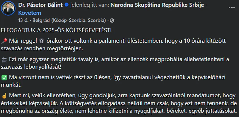 Az ellenzék helyett rendőrök társaságában zajlott a parlamenti ülés Szerbiában 4 Pásztor Bálint, VMSZ-elnök Facebook-bejegyzése