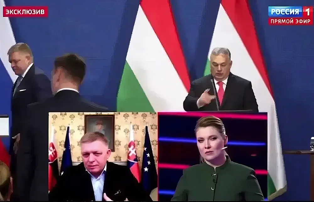 Robert Fico első uniós vezetőként interjút adott a Rosszija 1-nek 2 Vágóképként a magyar miniszterelnök is bekúszott az orosz tévé műsorában
