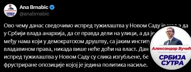 Blokád az újvidéki ügyészségnél, a hatóságok túllépték a törvényes határidőket 4 A szerbiai házelnök szerint, ami kedden az újvidéki ügyészség előtt történt, az árra a vágyra utal, hogy az ellenzék anarchiát szeretne Szerbiában, és hogy az utca diktáljon, és a legrosszabbak osszák, akik soha nem kerülnek hatalomra. Az újvidéki ügyészség előtti jelentek, egy elveszett, eszméletlen, frusztrált ellenzékre utalnak, amelynek az egyetlen politikája az erőszak