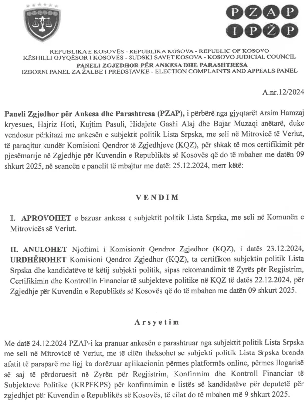A Választási Fellebbviteli és Panaszbizottság döntése