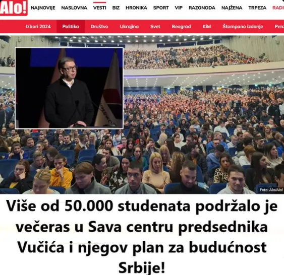 A szerb elnök szerint "ingyen sajt csak az egérfogóban van" 5 Az Alo! kormányközeli "nagyszerű szennylap" szerint több, mint ötvenezer egyetemista támogatta a Száva Központban Vucic elnököt és a Szerbia jövőjéről megfogalmazott tervét. - Nagy az a terem, de két Groupama Arénát mégsem tud befogadni!