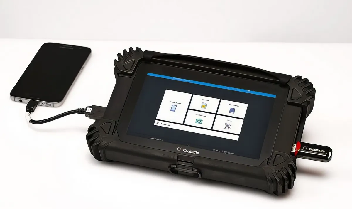 A Cellebrite UFED-eszközhöz csatlakoztatott mobiltelefon: a magánélet kiszivattyúzása kábelen keresztül (Forrás: Cellebrite.com)