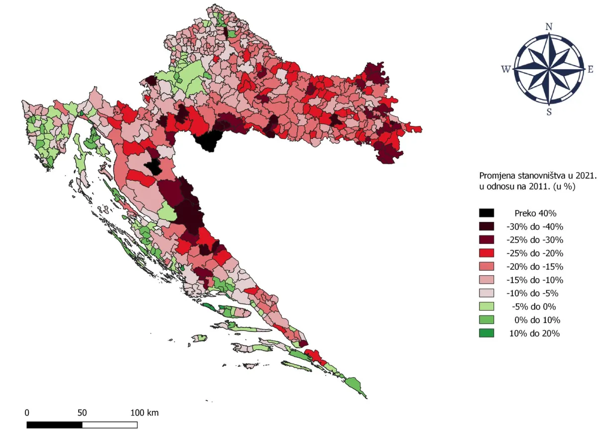 Szaporodjatok és sokasodjatok: üzente a horvát kormányfő, majd koszovói kollégáját fogadta 2 Horvátország demográfiai képének alakulása 2011 és 2021 között, csak a legzöldebben színezett megyékben tapasztalható növekedés, viszont van, ahol tíz év alatt negyven százalékos a csökkenés