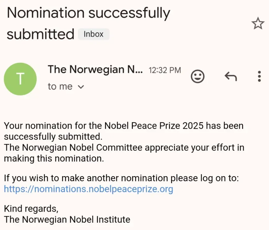 A Norvég Nobel Bizottság befogadta a jelölést