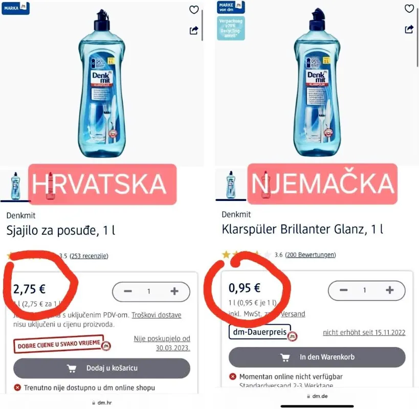 A horvát és a német DM árainak az összehasonlítása