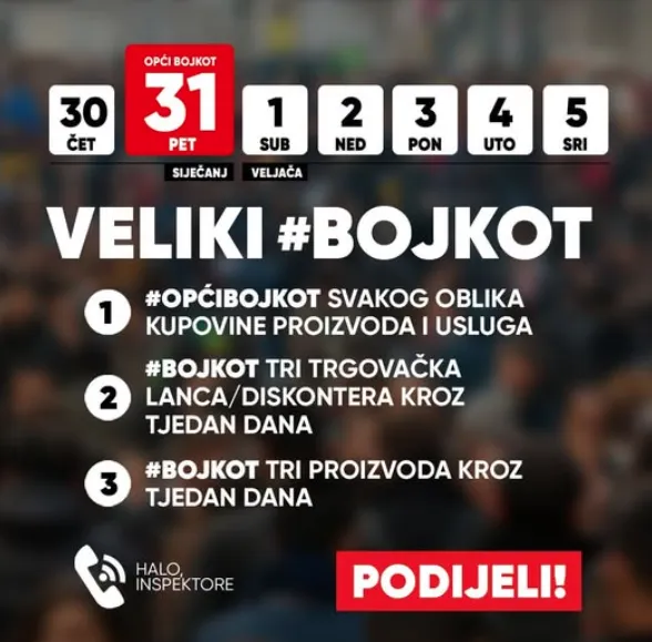A tábla szerint NAGY BOJKOTT lesz január 31-én. Az ÁLTALÁNOS BOJKOTT minden termékre  és szolgáltatásra vonatkozik aznap. Egyhetes BOJKOTT indul három kereskedelmi lánc/diszkont ellen, és ugyanilyen időtartamú
BOJKOTT kezdődik három termék ellen is 📞 Halo Inspektore (Ellenőrző forródrót) 🔴 OSZD MEG!
