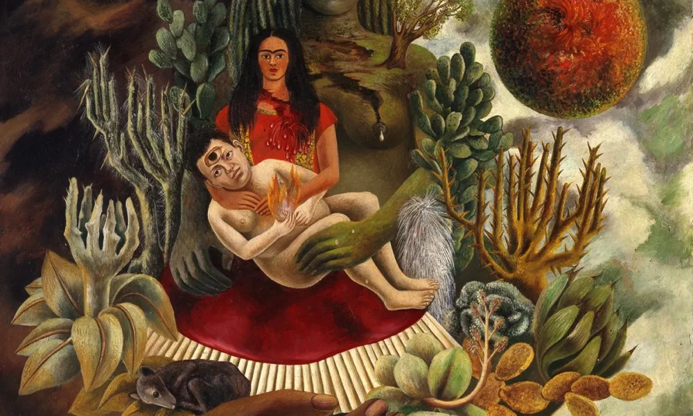 A VILÁGEGYETEM SZERELMI ÖLELÉSE, A FÖLD, ÉN, DIEGO ÉS SEÑOR XÓLOTL – Frida Kahlo 1949-es festménye egy szerelmi kapcsolat kozmikus mélységeibe enged betekintést nyerni