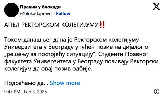 A Belgrádi Egyetem Rektori Kollégiuma visszautasította Vučićot 4 A jogi kar diákjai a szerb elnök javaslatának elutasítására szólították fel a szerb elnököt