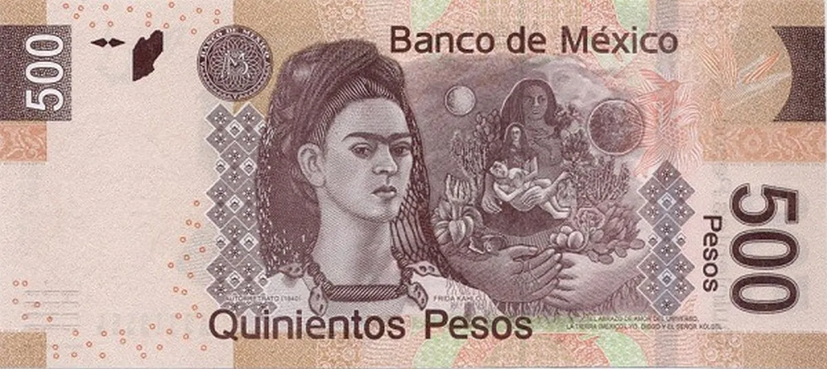 Törékeny Galamb & Kövér Varangy a Manóba’ (Coyoacán – Budapest – Belgrád 2025) 4 500 mexikói pezó, a másik oldalán Diego Rivera arcképe látható