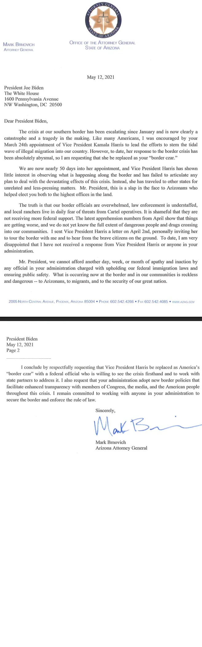 Mark Brnovich levele Joe Bidenhez