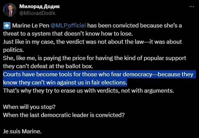 Nem Dodik az egyetlen, aki így reagált a Marine Le Pen elleni ítéletre