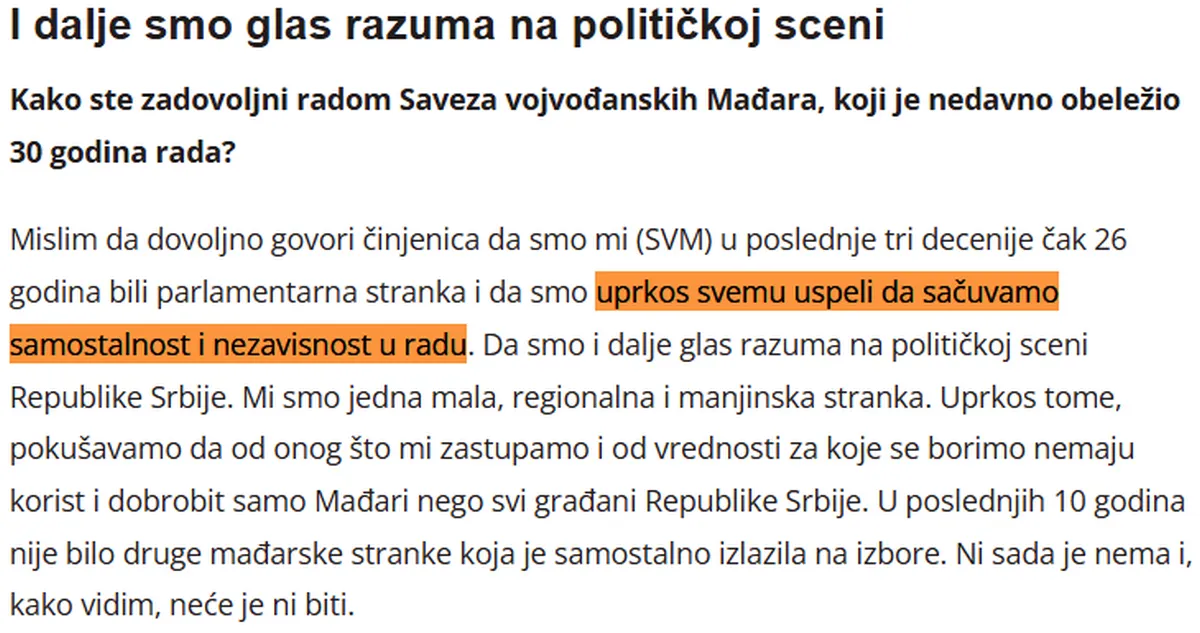 Pásztor: a VMSZ megőrizte önállóságát és függetlenségét 2 Pásztor szerint a VMSZ "az értelem hangja", és mindennek ellenére sikerült megőriznie az önállóságát és függetlenségét. A többit a képaláírásban nem fordítjuk, a cikk ugyanis tartalmazza Pásztor itt látható "helyzetértékelésének" többi részletét