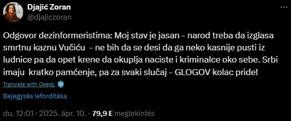 Zoran Đajic bejegyzése az X platformon