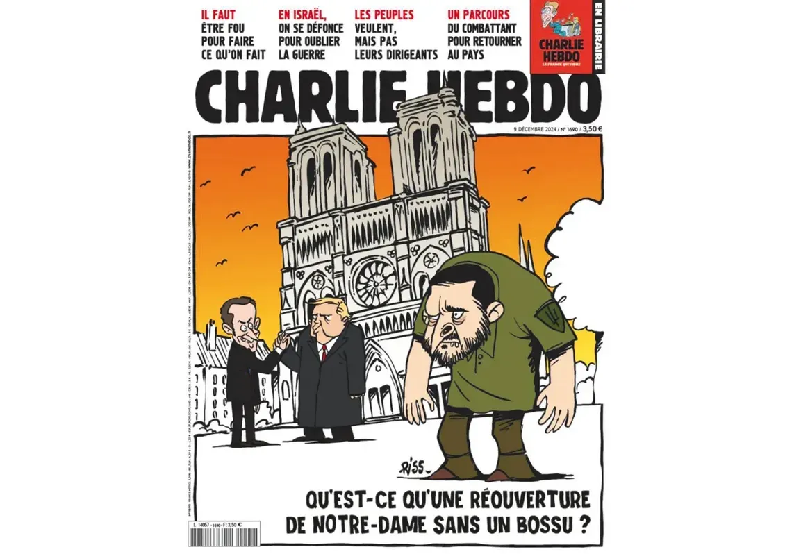 „Milyen is lenne a Notre-Dame újranyitása a púpos nélkül?” (Az utalás Victor Hugo A Notre-Dame-i toronyőr című regényének főszereplőjére, Quasimodóra vonatkozik, a képen Volodimir Zelenszkij van "karikírozva" púposként. A szóban forgó karikatúra hamisítvány, és nem a Charlie Hebdo magazin hivatalos kiadványa. A francia szatirikus lap megerősítette, hogy soha nem jelentetett meg ilyen borítót, és az említett szám teljesen más tartalommal jelent meg
