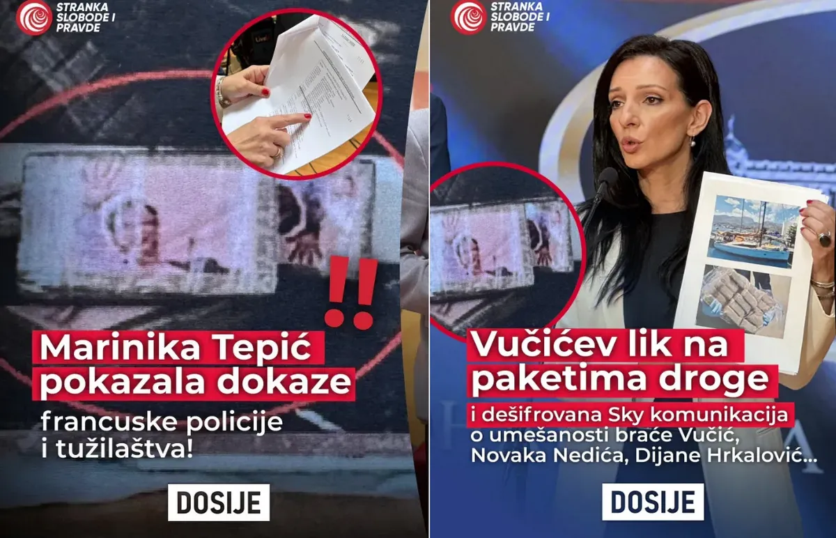 Marinika Tepić, a Szabadság és Igazságosság Pártjának alelnöke bizonyítékokat mutat, közölre a párt az X platformon