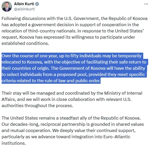 Koszovó az év végéig 50 migránst fogad be az Egyesült Államokból 2 Albin Kurti közlése az X platformon