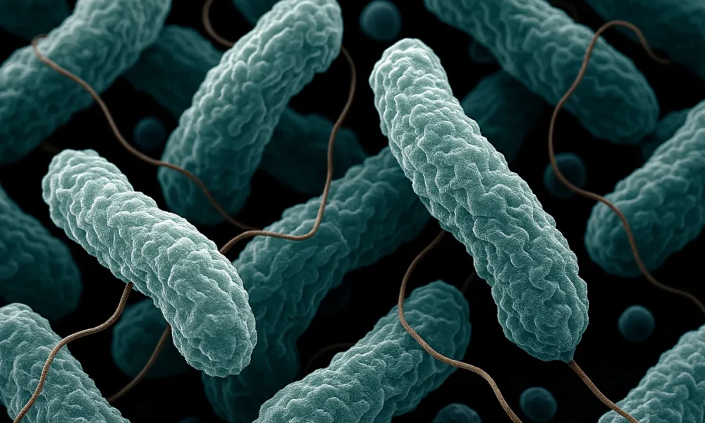 Ez a kép mikroszkópos felvétel a Campylobacter jejuni nevű baktériumról, amely gyakori kórokozó az élelmiszer-eredetű megbetegedésekben. A Campylobacter jejuni egy spirál alakú, mozgékony baktérium, amely főként szennyezett ételek (pl. nem megfelelően hőkezelt baromfi) vagy víz által jut az emberi szervezetbe