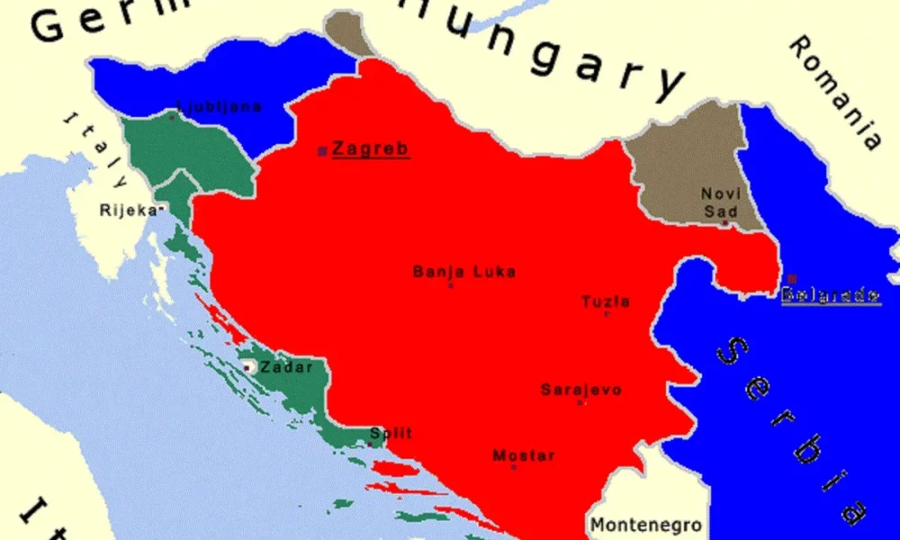 Horvátország 1941 és 1945 között. Mint ez a térképen is látható, a Független Horvát Állam elveszítette a tengerpart nagy részét, ám ezt Bosznia-Hercegovina egészével kompenzálta.