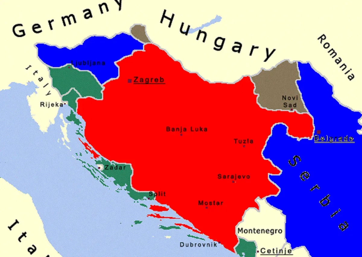 Horvátország 1941 és 1945 között. Mint ez a térképen is látható, a Független Horvát Állam elveszítette a tengerpart nagy részét, ám ezt Bosznia-Hercegovina egészével kompenzálta.