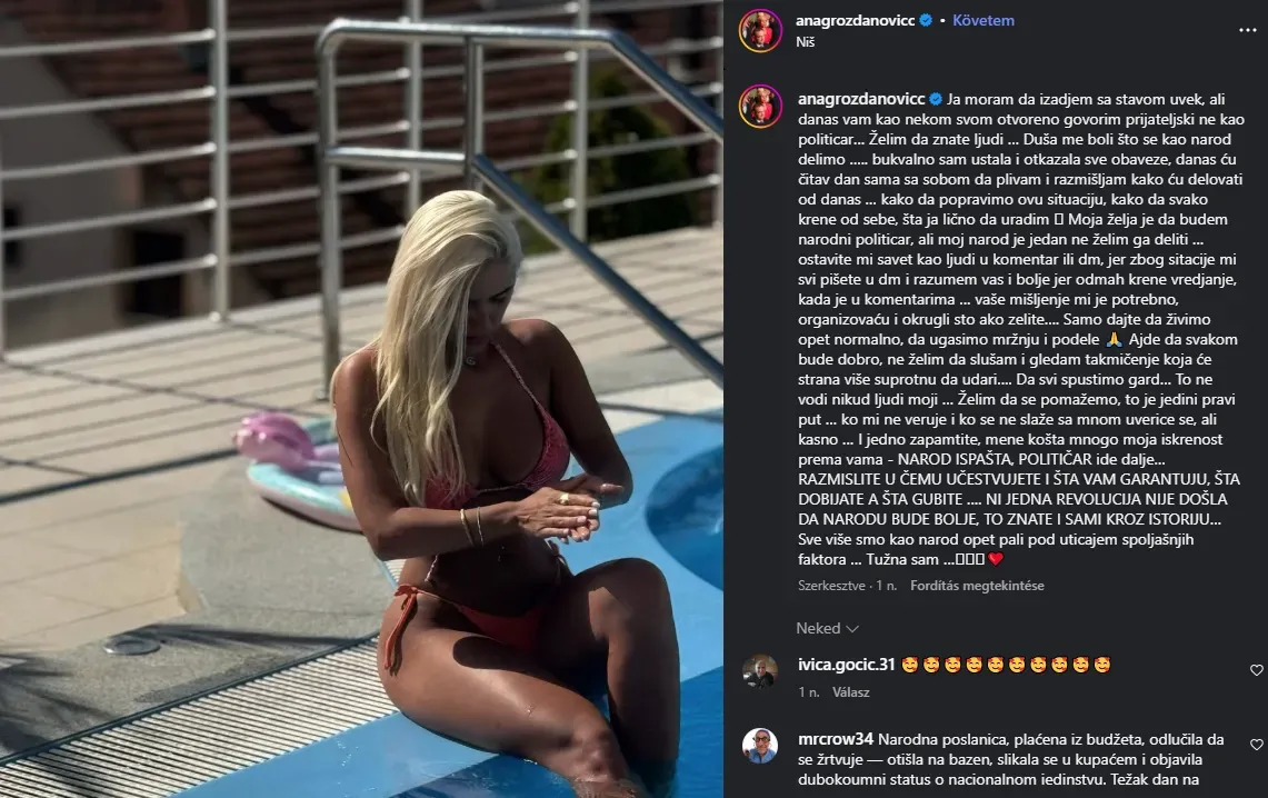 A költségvetésből fizetett képviselőnő áldozatot hozott – a medence szélén fürdőruhában fotózkodott, és "mélyenszántó nyilatkozatot" tett közzé a nemzeti egységről az Instagramon, éppen aznap, amikor Dodik és Vucic Karllócán áztatta magát 