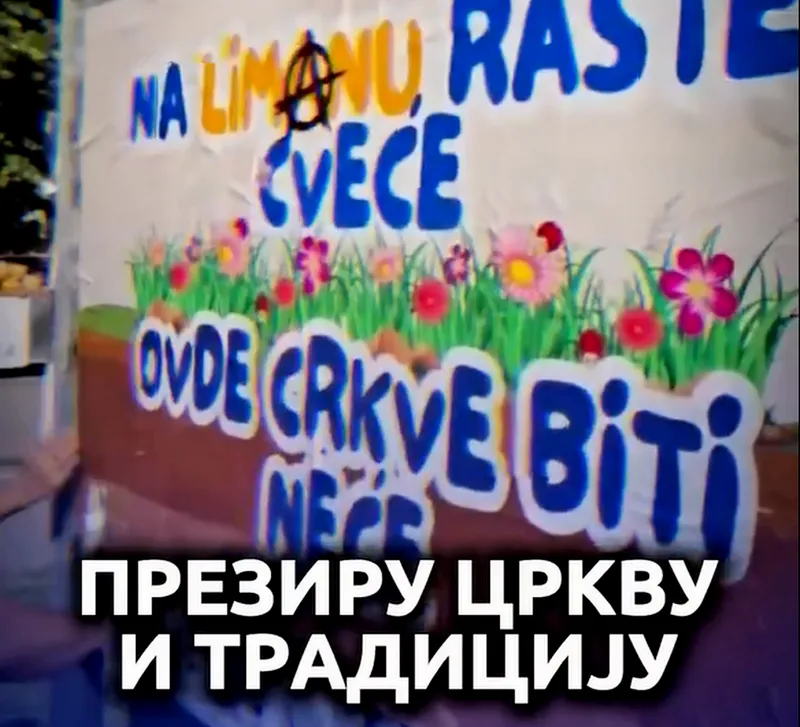Nemzeti színű provokáció: ki meszel ma Újvidéken? 4 A Limanon virág nő, itt templom nem lesz - hirdeti a polgárok által kiragasztott plakáton olvasható versike, amit Vucevic úgy magyaráz, hogy a blokadőrök "megvetik az egyházat és a hagyományokat"