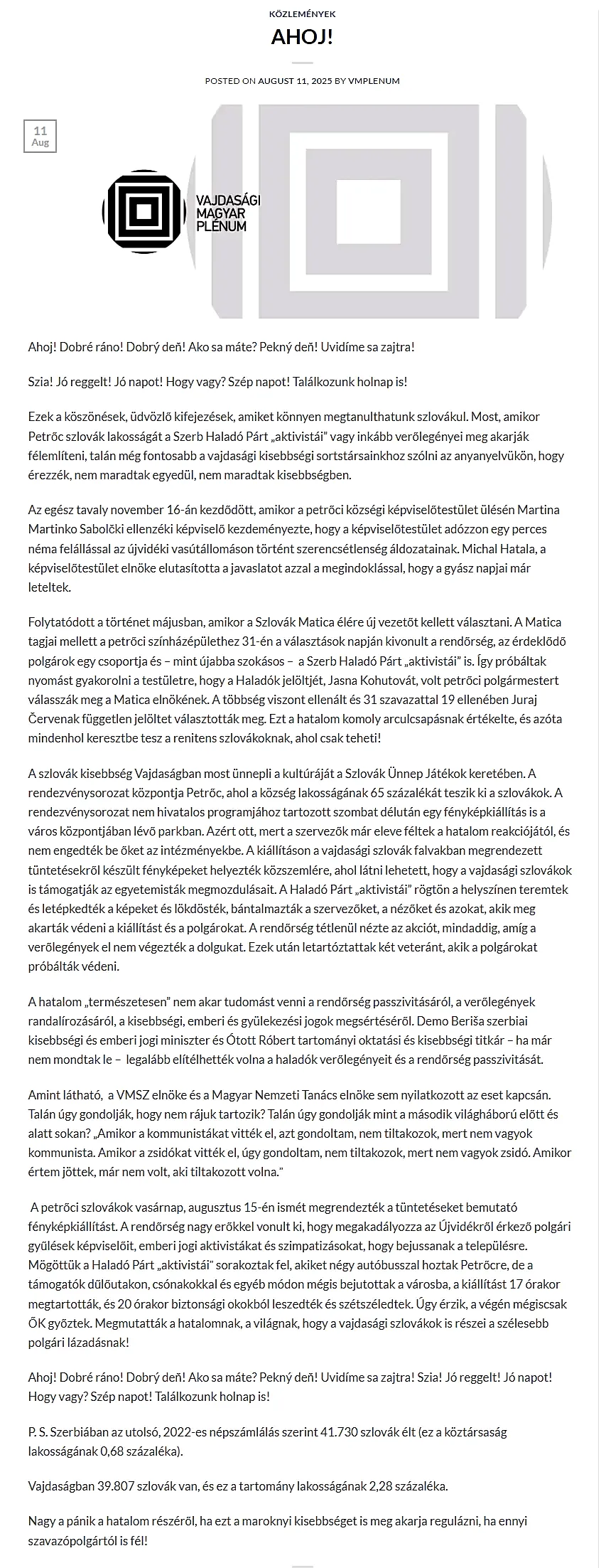 Vajdasági magyar-szlovák barátság, Vajdasági Magyar Plénum közleménynek teljes szövege