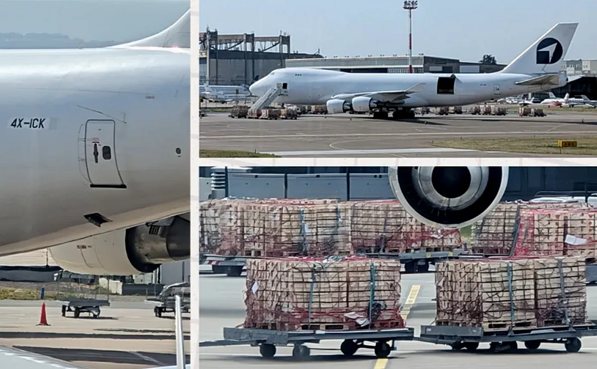 LŐSZEREXPORT: Egy izraeli Boeing 747-es teherszállító repülőgép a Nikola Tesla repülőtéren 2025 júniusának végén. (Fotó: BIRN-Harec/Magánarchívum)