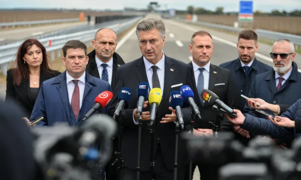 A frissen átadott A5-ös autópálya átadásán résztvevő horvát különítmény a horvát miniszterelnökkel az élén